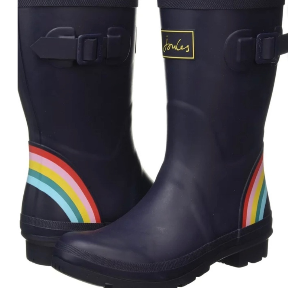 New Joules Women's Molly Welly Navy Rainbow Size 11 Mid Height Rain Boot